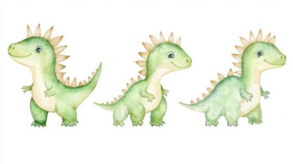 Fototapeta premium Set of baby Styracosaurus, small frill and spikes, playfully charging, isolated, white background, Watercolor style