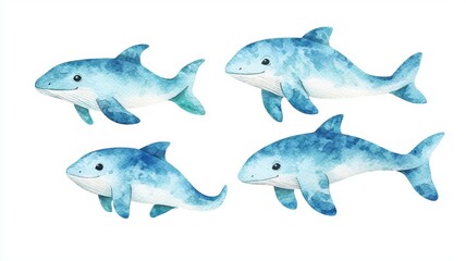 Fototapeta premium Set of baby Plesiosaurs, swimming gracefully, isolated, white background, Watercolor style