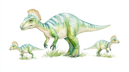 Naklejka premium Set of baby Parasaurolophus, tiny crests, grazing peacefully, isolated, white background, Watercolor style
