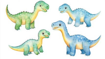 Set of baby Herrerasaurus, tiny and nimble, playfully chasing, isolated, white background, Watercolor style