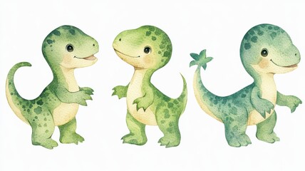Naklejka premium Set of baby Compsognathus, tiny and inquisitive, exploring, isolated, white background, Watercolor style