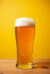 Beer mug on wooden table traditional bavarian oktoberfest drink yellow background