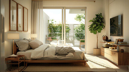 Clean, well-organized bedroom with inviting, natural light