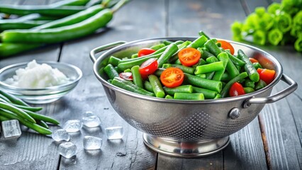 Green beans in a colander with boiled or blanched vegetables in ice water on a table, green beans, colander, vegetables