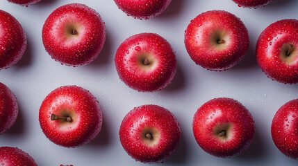 several high-quality, enticing Red Delicious Apples with vibrant colors are arranged in a regular pattern on a flat surface.
