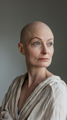 Obraz premium Resilient Bald Woman Post-Chemotherapy, Breast Cancer Awareness 