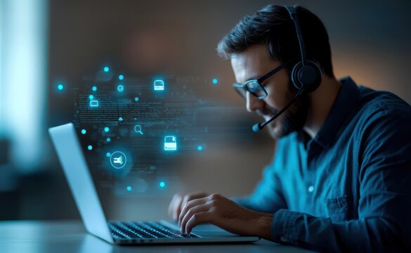 Remote helpdesk support with a laptop and headset, work-from-home customer service