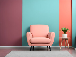 Comfortable armchair near color wall. Front view.