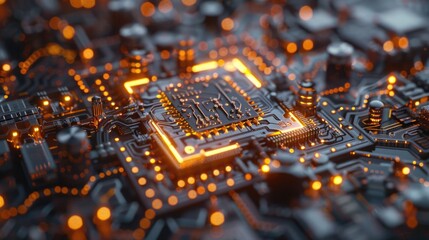 Futuristic quantum computer surrounded by complex patterns and glowing circuits symbolizing quantum technology's potential.