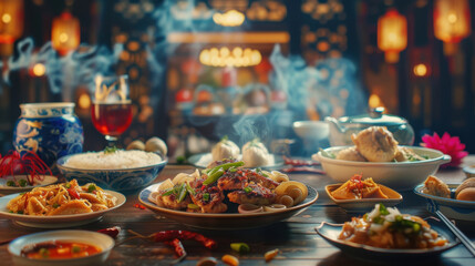 Fototapeta premium Colorful Chinese dishes with appetizing presentation under beautiful lighting