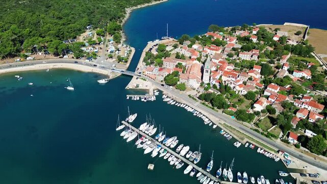 Aerial view of the historic town Osor with the bridge connecting the islands of Cres and Losinj, Croatia