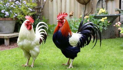 Fototapeta premium Flamboyant fowl in a garden setting