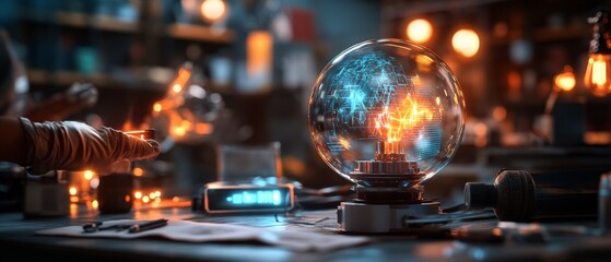 Fototapeta premium A captivating scene depicting an illuminated crystal globe surrounded by scientific instruments and glowing lights.