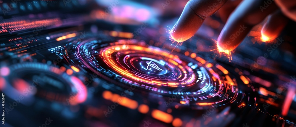 Poster a close-up of a hand interacting with a vibrant, digital interface showcasing mesmerizing patterns a