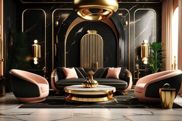 Modern living room art deco style interior design with black marble walls and gold decor pieces