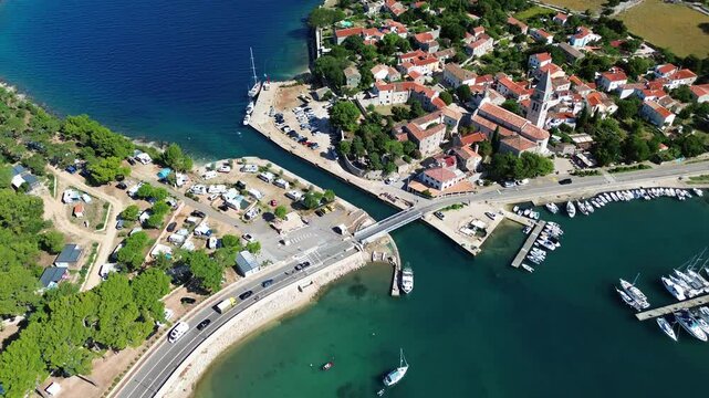 Aerial view of the historic town Osor with the bridge connecting the islands of Cres and Losinj, Croatia