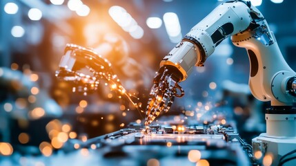 A close-up of a robotic arm operating in a factory, showcasing precision and technology in industrial automation.