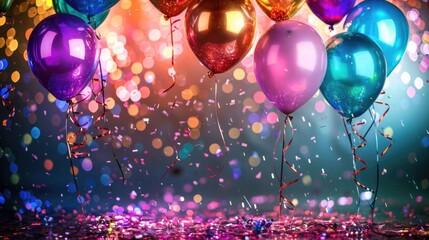 Happy New Year's Eve celebration with balloons, streamers, and glowing ornaments in a festive night background.