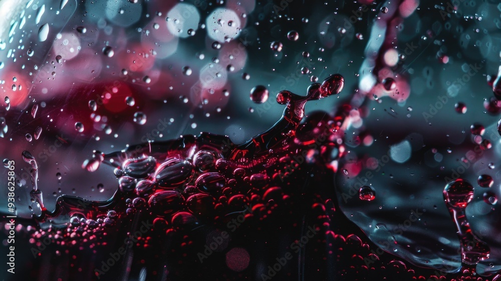 Poster detailed shot of splashing red wine with bubbles and foam. abstract wine background with dew point o
