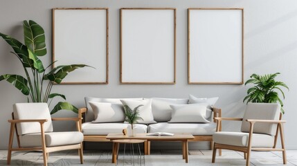 Three empty wooden poster frames hung on a living room wall. Versatile mock-up for showcasing artwork and design elements. Interior design and home decor concept.