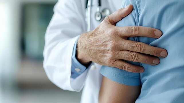 Doctor comforting worried patient, viewed from the side, supportive setting, empathy, care