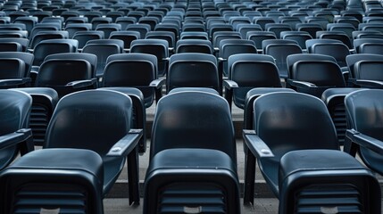 Symmetrical view of empty black tribune seats in an outdoor sports stadium, focusing on modern design.
