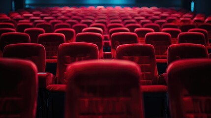 Obraz premium Empty red theater seats on indoor stage. Concept of audience and performance.