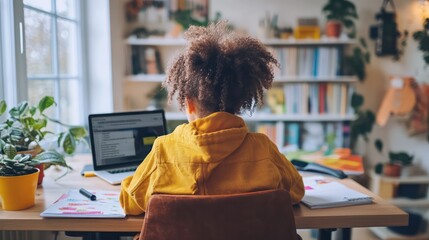 A child studying diligently at a desk, surrounded by educational materials and a laptop, representing home schooling.