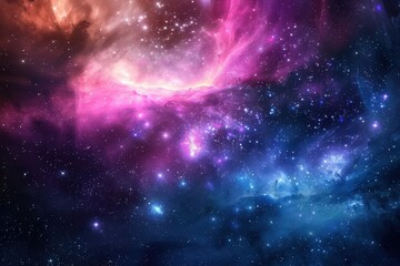 Naklejka premium A vibrant nebula with a pink and blue glow, filled with countless stars