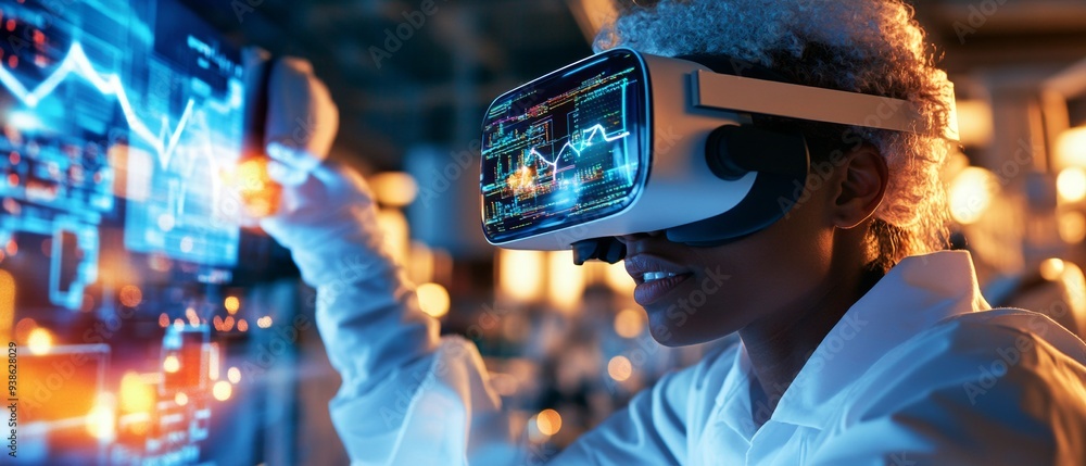 Poster a focused woman wearing a virtual reality headset interacts with dynamic data visualizations in a mo