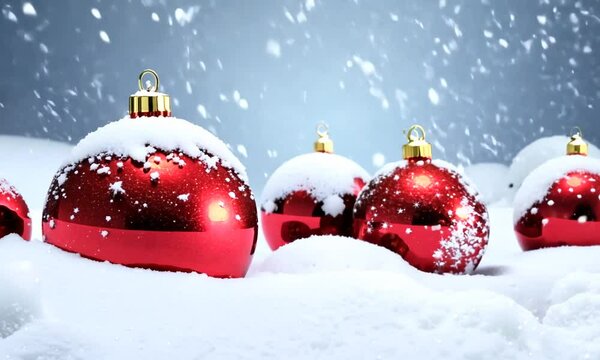 Red christmas ornaments in the snow