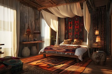 Nomadic style bedroom interior background 3d render