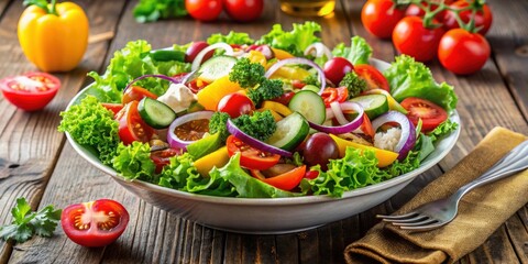 Fresh mixed salad with various vegetables, healthy, colorful, organic, tasty, green, red, lettuce, tomato, cucumber