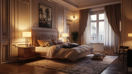 Elegant bedroom, perfectly organized with soft, realistic lighting
