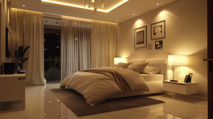 Immaculate bedroom with soft, beautiful lighting