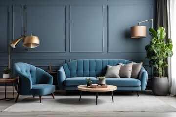 Interior design of modern living room with blue sofa and gray armchair