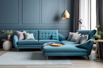 Interior design of modern living room with blue sofa and gray armchair