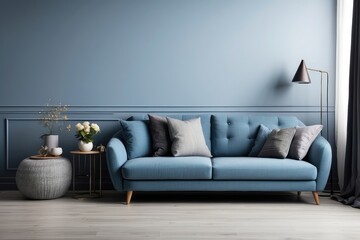 Interior design of modern living room with blue sofa and gray armchair