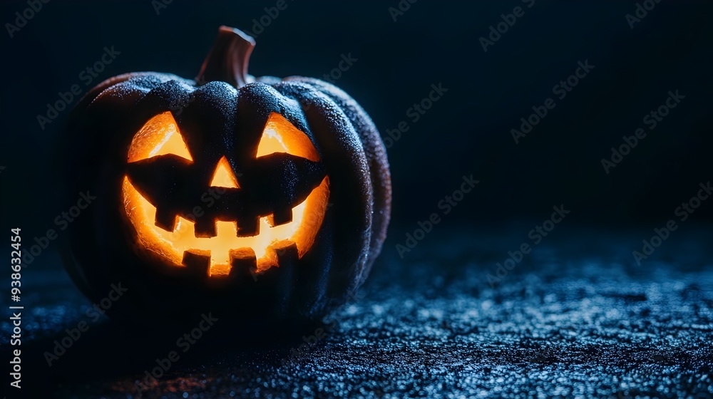Poster a sinister glowing jack o lantern with an ominous grin isolated against a dark atmospheric backgroun