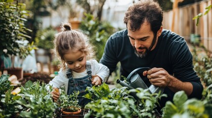 A father and daughter watering plants in the garden, each taking a watering can, working together to keep the garden healthy