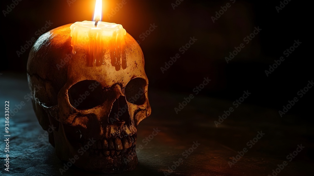 Poster dramatic still life image of a human skull with a flickering candle placed on top isolated against a