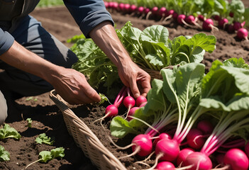 Fototapeta premium Farmer’s Hands Harvesting Fresh Red Radishes from the Soil on a Radish Farm