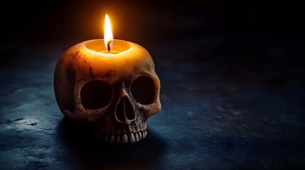 Flickering Skull A Haunting Moment of Light and Shadow   A captivating still life composition featuring a skull with a flickering candle on a dark surface creating an eerie mysterious