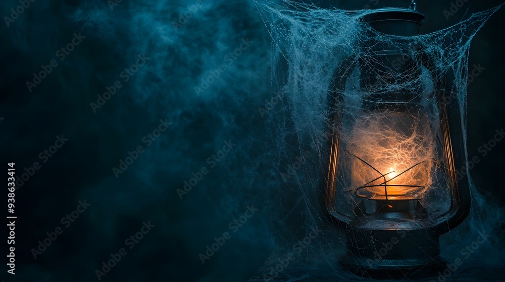 Poster cobweb covered lantern casting eerie glow on dark background vintage abandoned and forgotten relic w