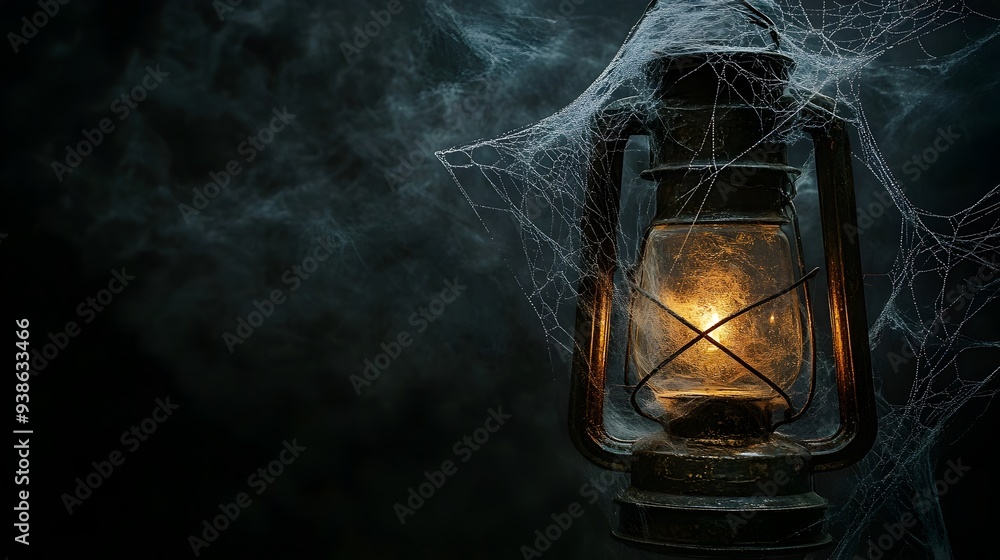 Poster eerily glowing cobweb covered antique lantern on dark background with ominous atmospheric mood and m