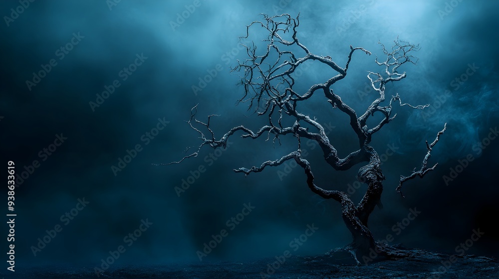 Poster haunting image of a twisted gnarled tree with bare skeletal branches silhouetted against a dark dram