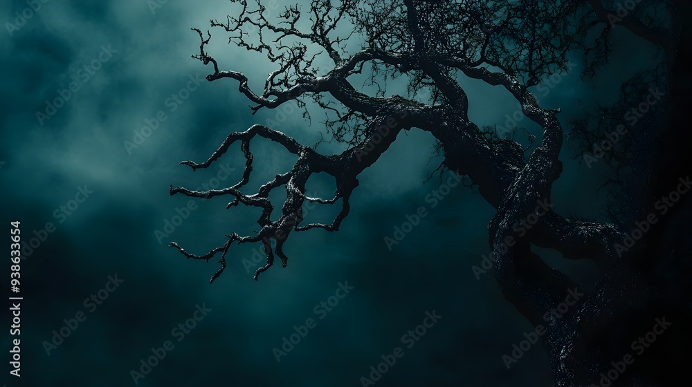 Poster haunting image of a twisted gnarled tree with eerie ominous branches silhouetted against a dark mood