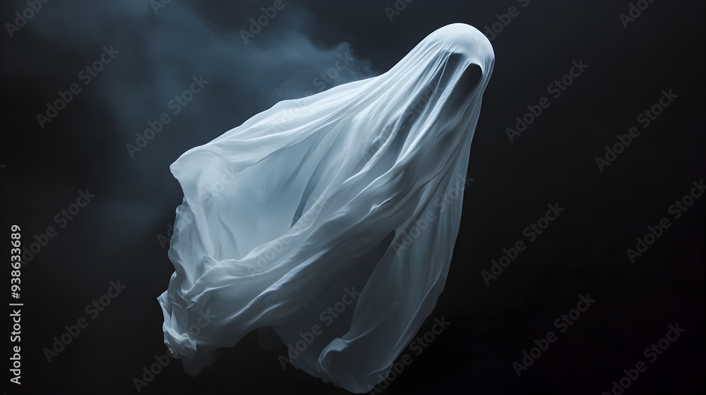 Poster ghostly ethereal figure draped in white sheets hovering against a dark ominous background with negat