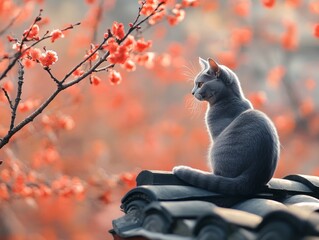 A serene gray cat perched on a roof, surrounded by blooming cherry blossoms in soft focus, evoking tranquility and beauty.