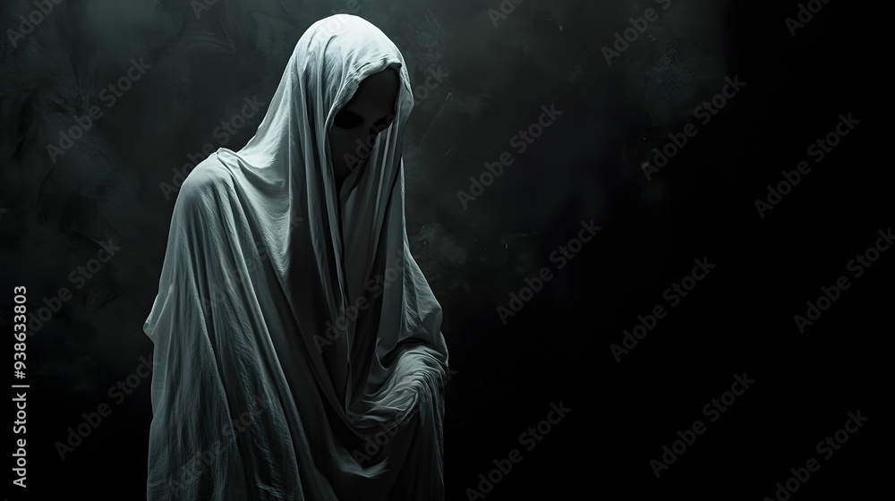 Poster eerie ghostly figure draped in a white translucent shroud hovering against a dark shadowy background